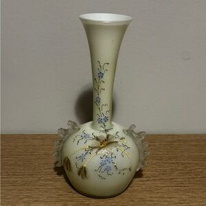 Delicate Victorian Uranium Cream Glass Bud Vase with Gold & Blue Floral Accents